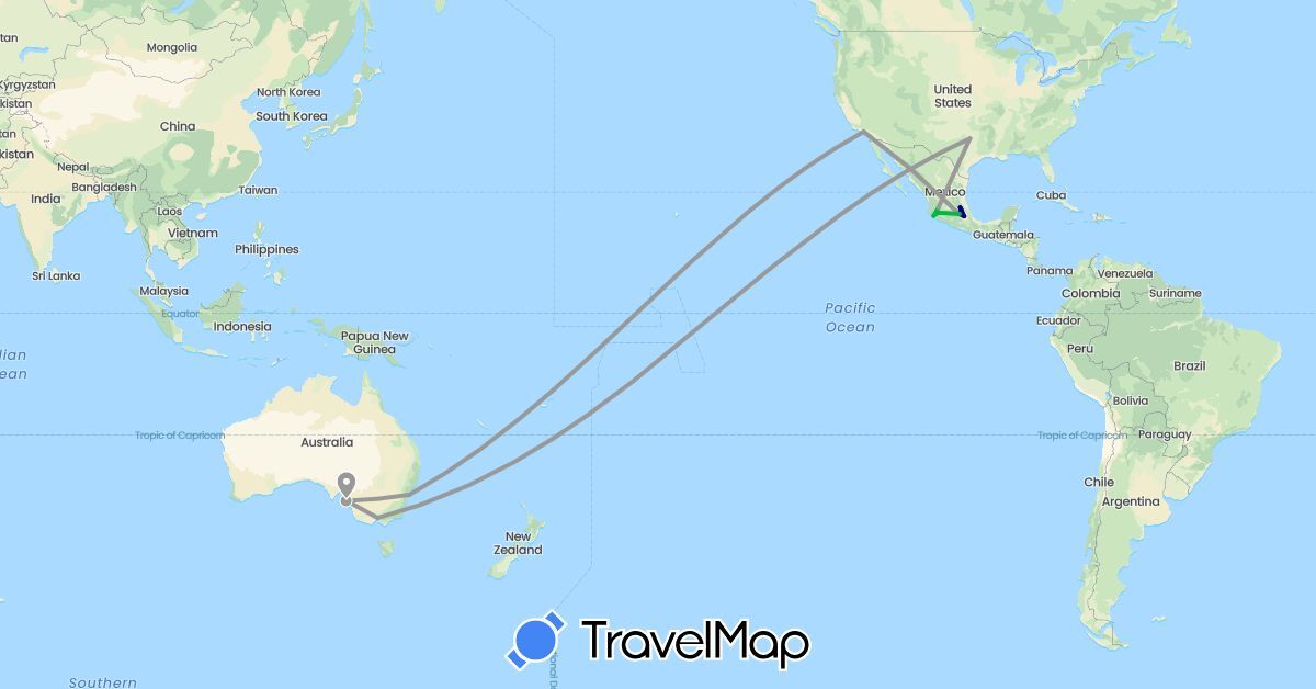 TravelMap itinerary: driving, bus, plane in Australia, Mexico, United States (North America, Oceania)